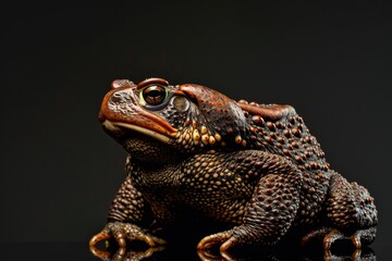 the beside view Common Toad, left side view, white copy space on right, isolated on black background