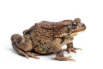 the beside view Common Toad, left side view, white copy space on right, isolated on white background