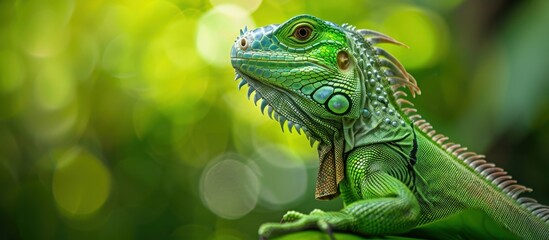 Fototapeta premium Green Iguana, green background Generative AI