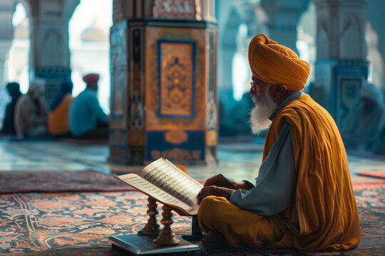 closeup photo of an elderly Sikh man wearing a traditional turban, seated on the floor of a beautifully decorated Gurdwara, reciting hymns from the Guru Granth Sahib. The holy scri