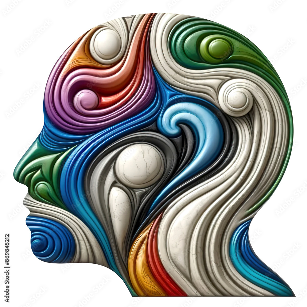 Poster an abstract object made of 15 multi-colored strips of marble that form the shape of a human head