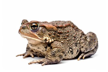 the beside view Common Toad, left side view, white copy space on right, dutch angle view, isolated on white background