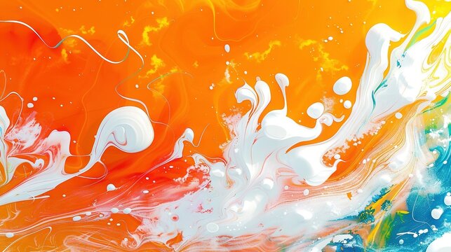   An orange and blue canvas adorned with white swirls and bubbles against a yellow and blue backdrop, featuring white swirls and bubbles at its base (3