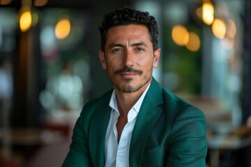 Fototapeta premium Captivating Entrepreneur in an Emerald Green Suit exuding Positivity and Connecting with the Camera