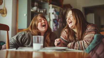 Two young women with Down-Syndrome are sitting at a kitchen table, enjoying breakfast and laughing together