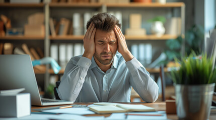 an employee has a headache and stress at his work 