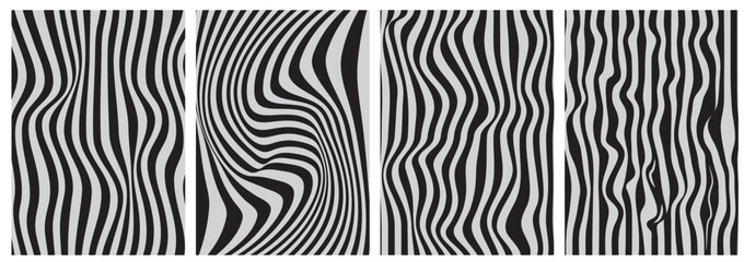 a set of Abstract backgrounds from distorted stripes imitating zebra fur. Vector covers for stories, presentations, notebooks.