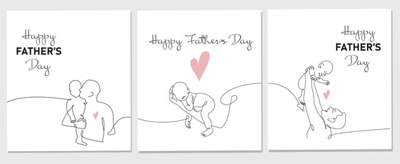 Vector set of one line drawing greeting card for Happy Father Day. Vector illustration of father holding a new born baby in oneline style on white background