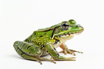 Fototapeta premium the beside view Green Paddy Frog, left side view, white copy space on right, dutch angle view, isolated on white background