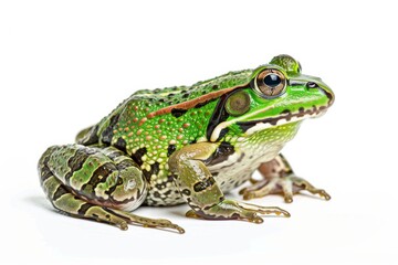 Fototapeta premium the beside view Green Paddy Frog, left side view, white copy space on right, dutch angle view, isolated on white background