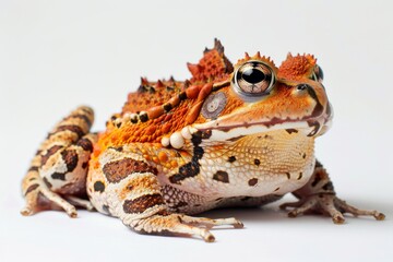 the beside view Malaysian Horned Frog, left side view, white copy space on right, isolated on white background