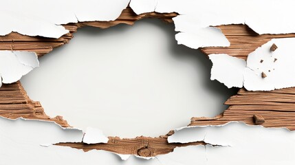 Realistic broken wooden wall with a hole, splinters and jagged edges highlighted, white background for mockup, clear copy space, finely detailed wood texture
