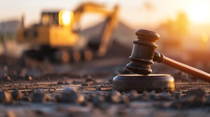 Gavel placed on a construction site with a blurred excavator in the background during sunset, symbolizing legal actions in construction.