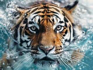 Fototapeta premium Tiger in mid-dive, breaking water surface, captured underwater, wide angle closeup, highlighting hunting agility and wild beauty, a mesmerizing snapshot of nature