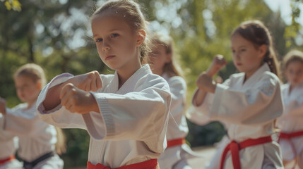 Naklejka premium Children in white kimonos practice karate in a dojo, showing focus and determination. Sunlight highlights their moves, teamwork, and happy smiles