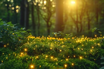 Macro Shot of Glowworms Lighting Up a Mossy Forest Floor at Night With Serene Nocturnal Scenery