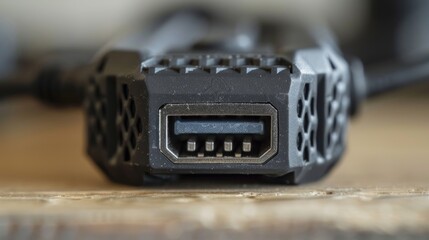 A topdown view of a compact adapter revealing its rubberized bottom with antislip grips and a USB port for power supply.