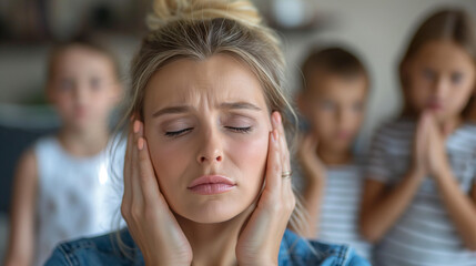 a woman has headache and stress because of children's problems , children on background .A mother suffers from headaches, tension and psychological pressure due to her children’s problems