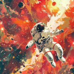 Fototapeta premium An astronaut floating in space, in a digital art style, with a red and white color scheme, against a dark background, with the sun shining on them