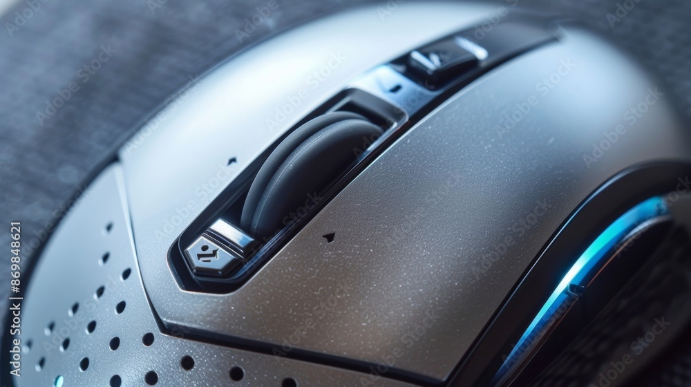Poster a closeup of a silver wireless mouse highlighting the various buttons and advanced optical tracking 