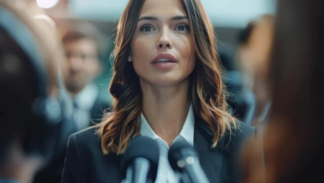 Businesswoman politician business interview street political advertisement ad campaign upcoming elections cameras recording microphones ask questions journalists media coverage reporters live stream