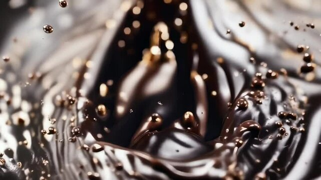 A close-up image of dark liquid splashing creates a dynamic motion and droplets, forming impressive patterns. The liquid appears to be splashing up from a central point, with light reflecting off the