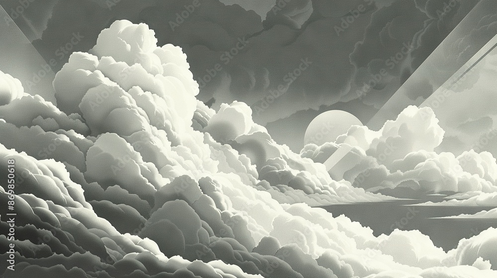 Poster a monochrome image captures a sky filled with clouds, featuring a plane soaring in the distance with
