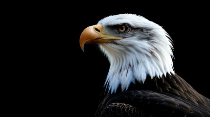 Fototapeta premium An impressive bald eagle with striking white feathers on its head and a sharp yellow beak, set against a solid black background, symbolizing freedom and strength.