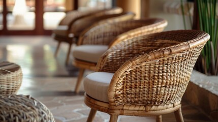 The chairs are made of woven materials providing a comfortable yet rustic seating option.