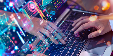 Hands typing on a laptop with digital data overlay, representing tech and innovation