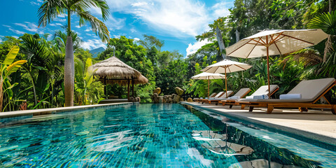 Luxurious tropical resort pool with lush greenery and sun loungers