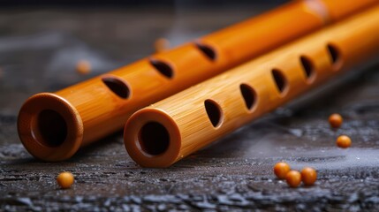 Naklejka premium A pair of beautifully crafted bamboo flutes with six holes each, displayed on a rustic wooden background alongside small decorative beads.
