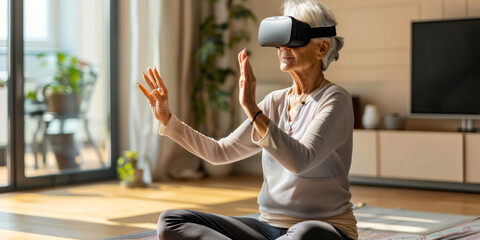 Elderly woman practicing mindfulness and meditation using virtual reality headset at home for mental well-being