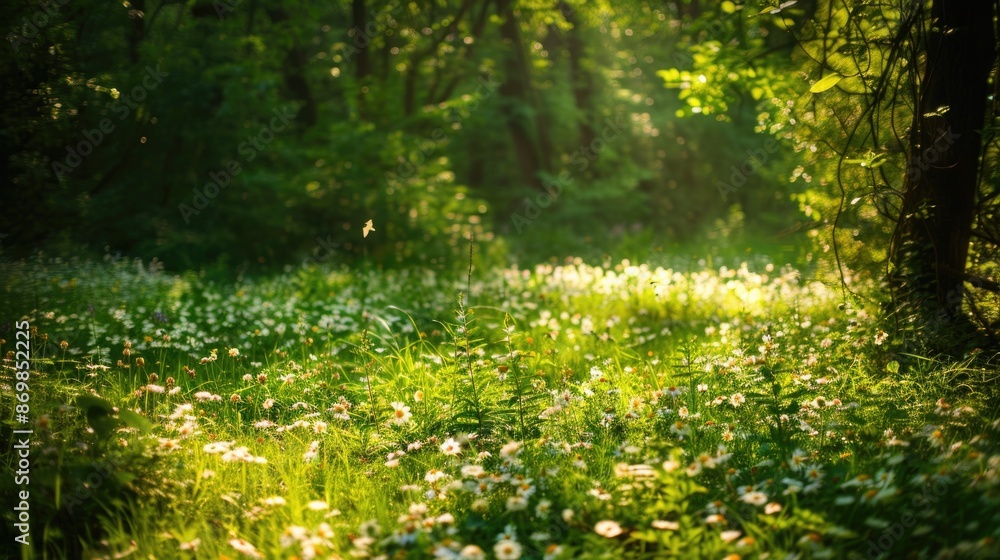 Poster background image of sunlight shining though the tree with grass field. soft light nature photography