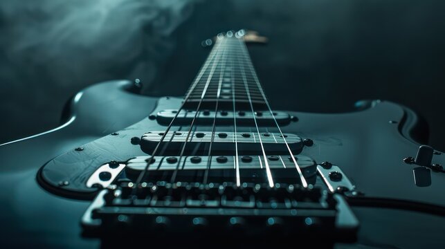 A striking close-up image of an electric guitar focusing on the fine details of the strings, pickups, and body, captured with an artistic and dramatic lighting style.