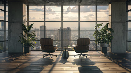 Epic modern office space with large windows overlooking a cityscape, wooden floor, concrete walls, and two chairs facing a table