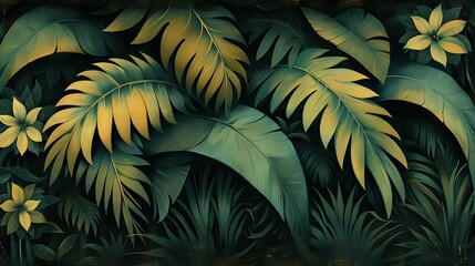   A monochromatic painting featuring contrasting shades of green and yellow leaves set against a deep black backdrop, framed by a thick black border