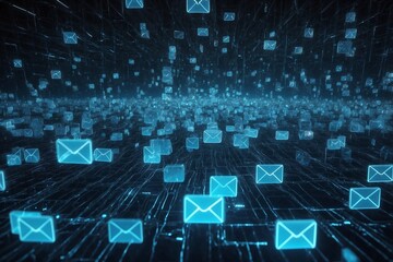 Obraz premium Flying Emails: Digital Visualization. Internet and Web: Blue Glowing Colors