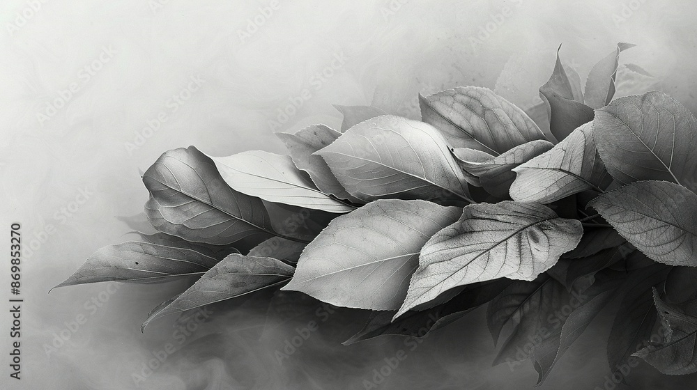 Poster the image is a monochrome picture featuring a plant with foliage prominently displayed in the foregr