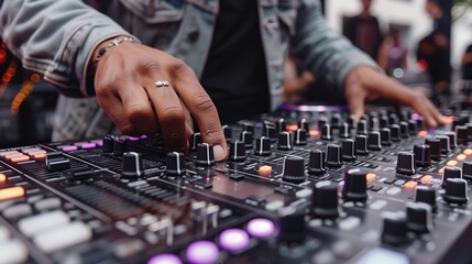 Fototapeta premium DJ Mixing Music on a Soundboard at a Festival