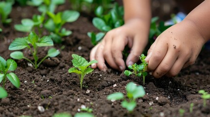 Close-up of a child’s hands planting a seedling in garden soil.