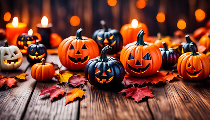 Halloween Kürbis leuchtend auf Holz Boden mit Herbst Laub für Werbung mit glitzernden freundlichen Hintergrund aus Lichterketten Deko Beleuchtung Fledermäuse Spinnennetz