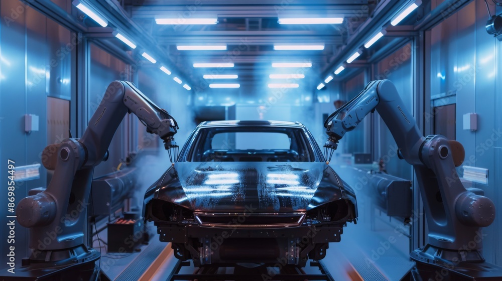 Aufkleber Two robotic arms spray paint a car in an automated factory setting. The car is positioned on a conveyor belt and surrounded by bright lights.