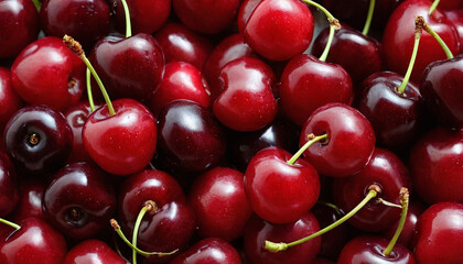 A close-up image of a pile of fresh, red cherries