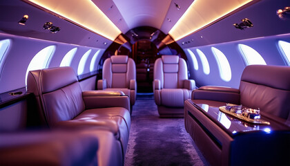 Fototapeta premium The interior of a private jet with luxurious design and glossy furnishings 