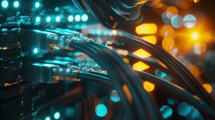 A close-up shot of network cables connected to a switch