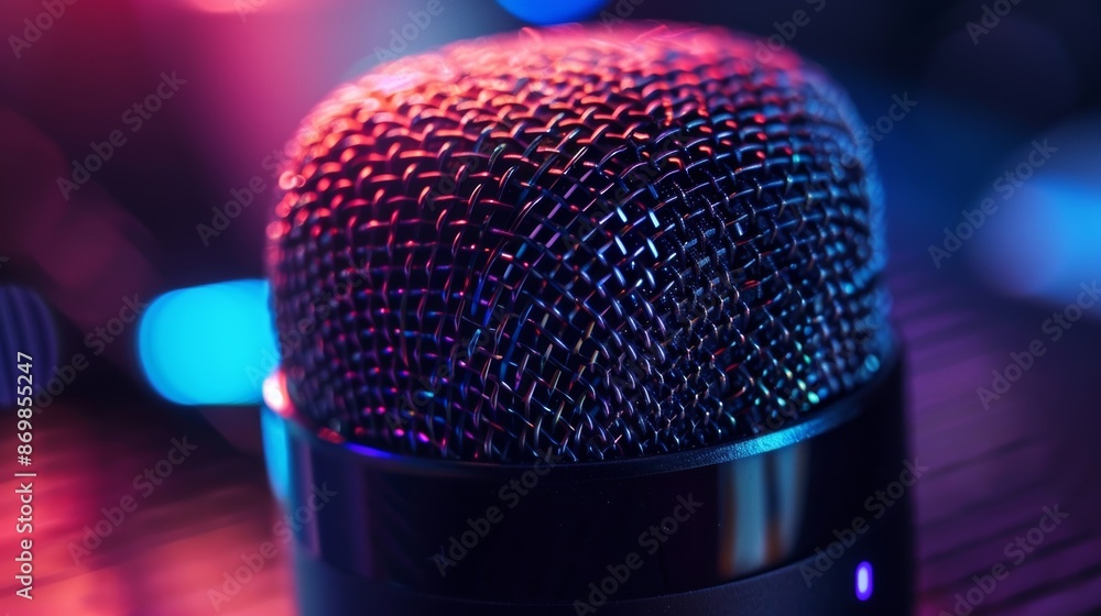 Poster a detailed shot of the virtual assistant devices microphone highlighting its sensitivity and advance