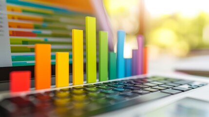 A colorful area chart on a laptop, showing cumulative growth over time