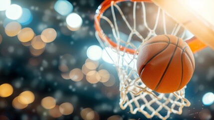 Dramatic finish to a basketball game, the ball just touching the net as it scores the winning points, teammates and audience erupting in celebration