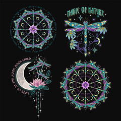 Mysterious labels with fantasy dragonfly, chamomile flower, moon, text. Vintage illustrations on black background. For clothing, apparel, T-shirts, surface decoration.